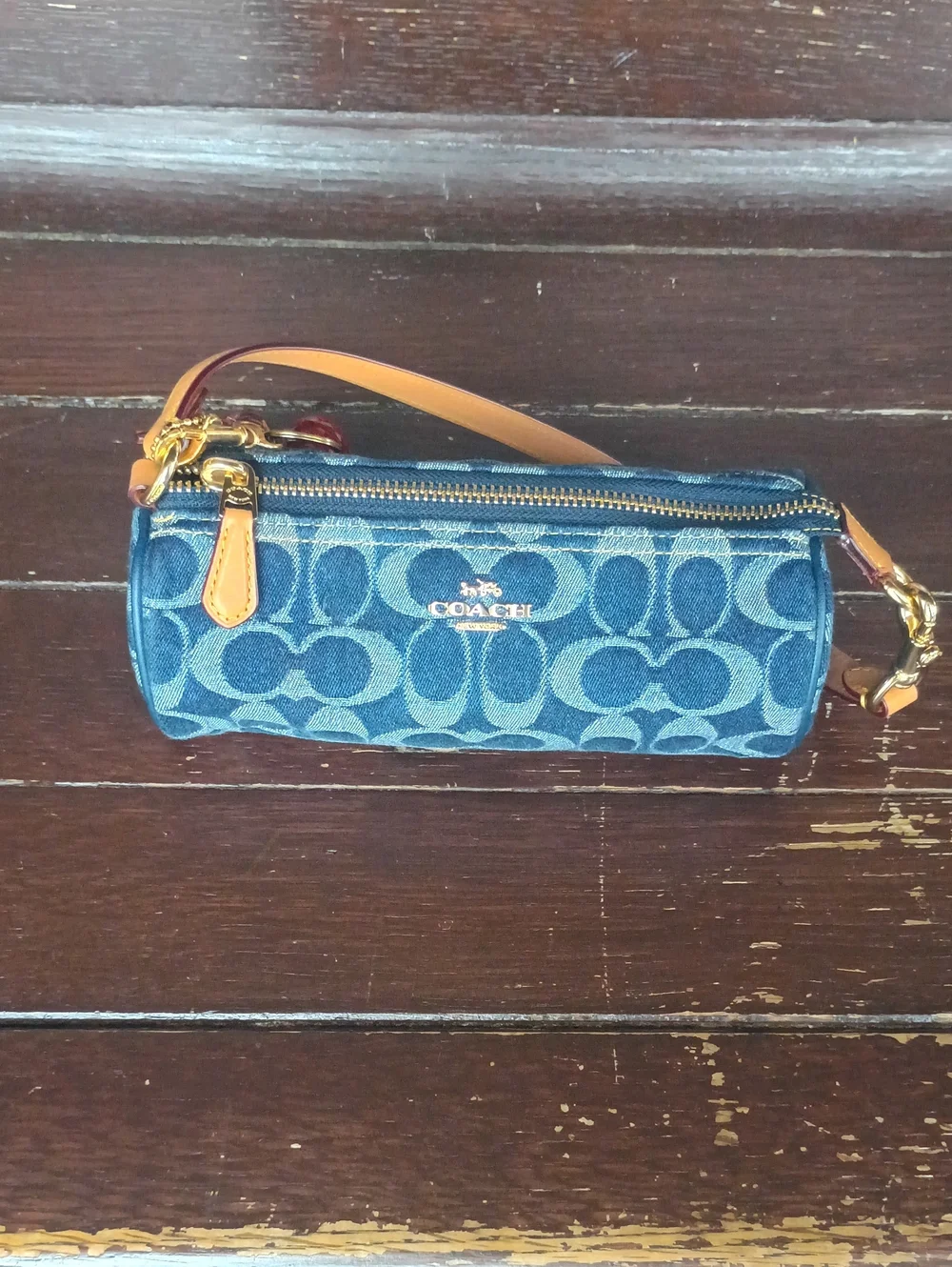 Coach Blue Denim Signature Cylinder Wristlet with Tan Strap